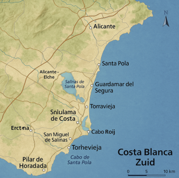 Kaart van de zuidelijke Costa Blanca met o.a. Guardamar del Segura, Torrevieja en Alicante
