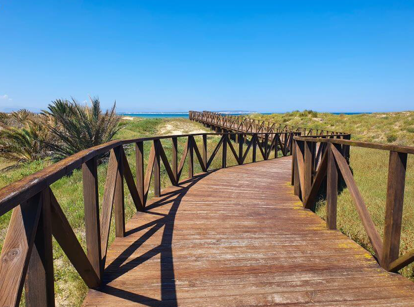 Houten wandelpad door de duinen richting zee bij Guardamar